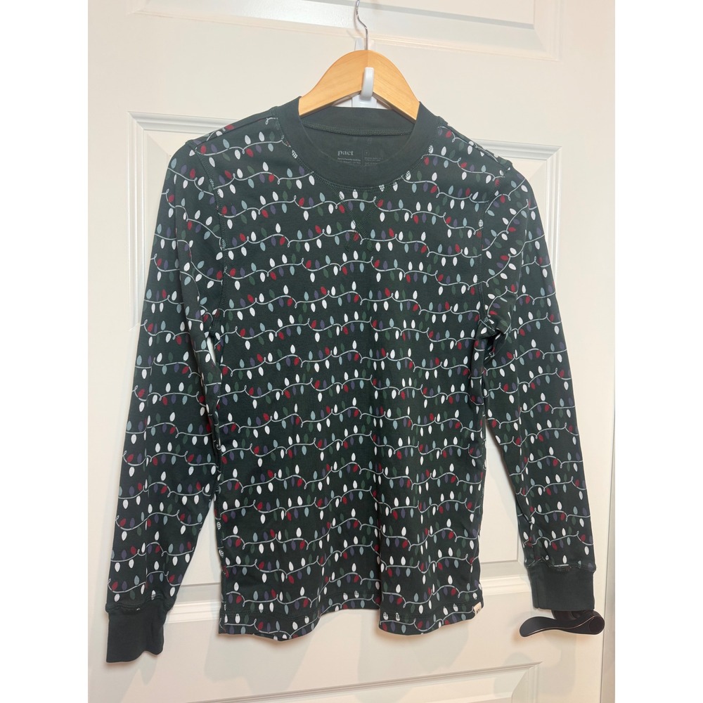 Pact Organic Cotton Pajama Top Small Forest Green Christmas Light Print